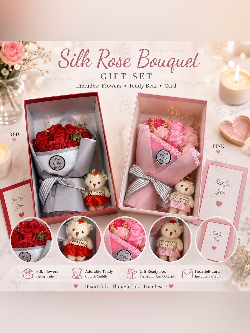 Silk Rose Bouquet Gift Set - your choice Red or Pink